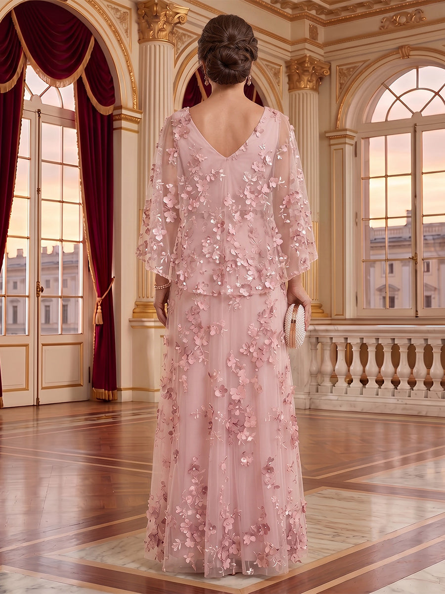 Round Neck Tulle Cape Sleeves Long Mother of the Bride/Groom Dresses