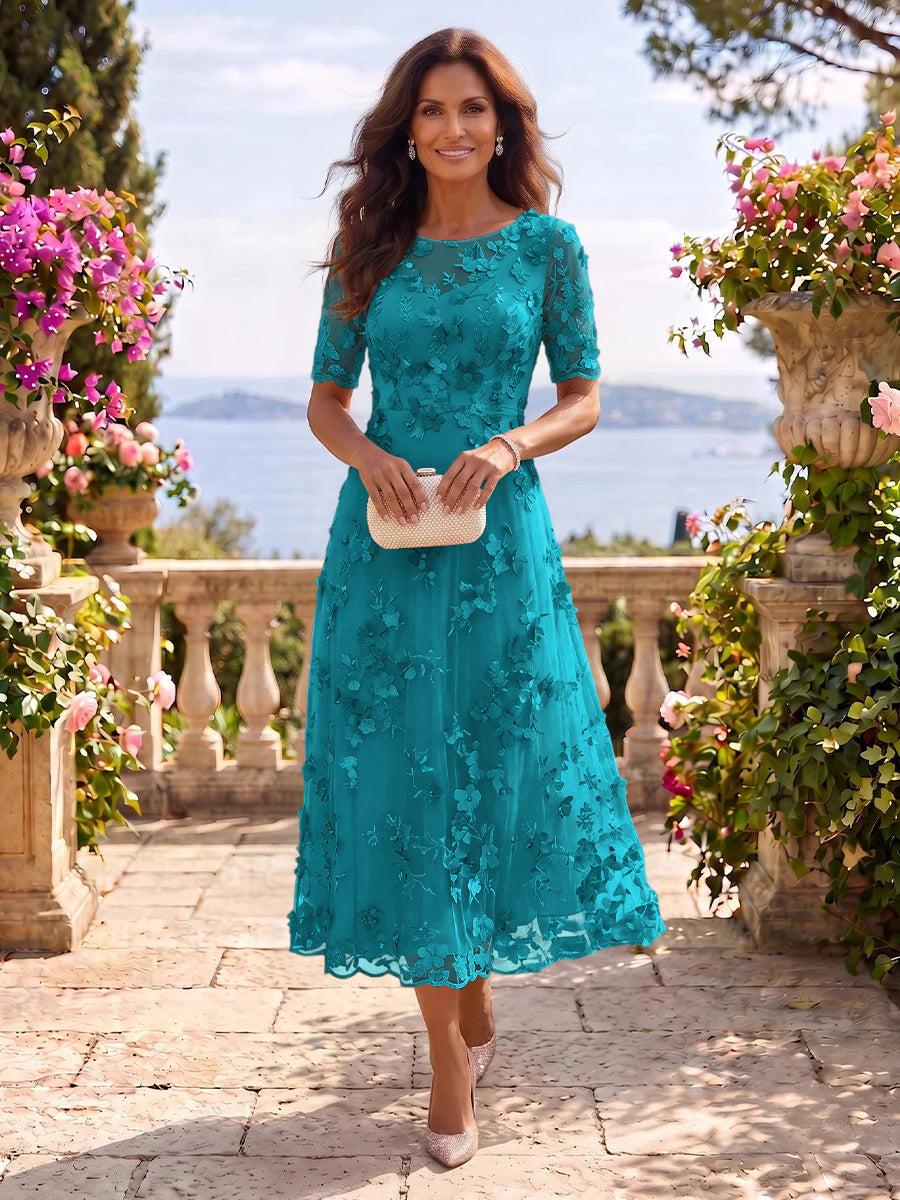 Tea Length Round Neck Tulle Short Sleeves Mother of the Bride/Groom Dresses