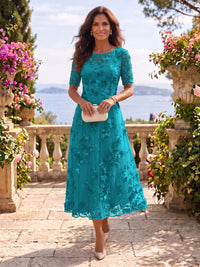 Tea Length Round Neck Tulle Short Sleeves Mother of the Bride/Groom Dresses