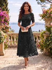 Tea Length Round Neck Tulle Short Sleeves Mother of the Bride/Groom Dresses