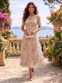 Tea Length Round Neck Tulle Short Sleeves Mother of the Bride/Groom Dresses