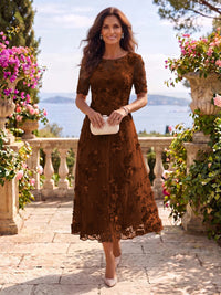 Tea Length Round Neck Tulle Short Sleeves Mother of the Bride/Groom Dresses
