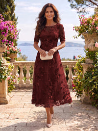 Tea Length Round Neck Tulle Short Sleeves Mother of the Bride/Groom Dresses