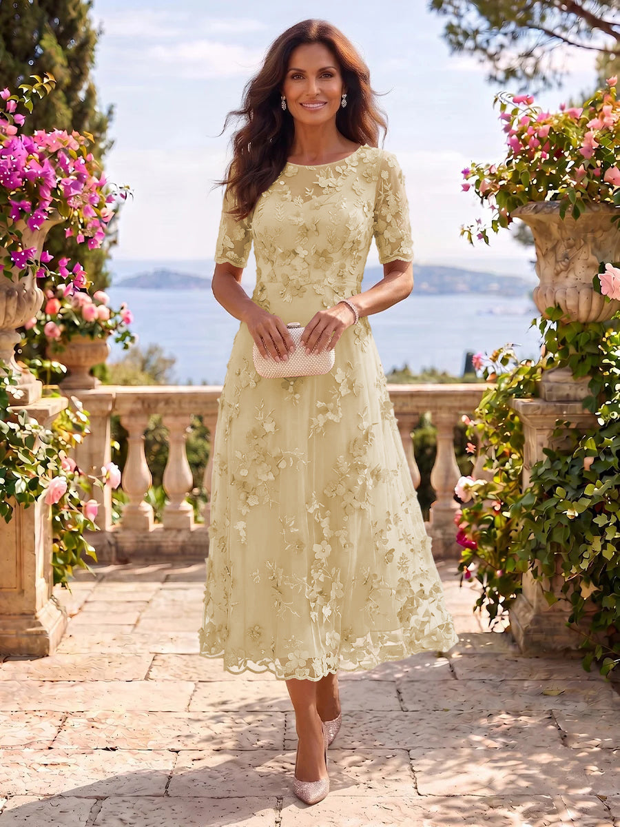 Tea Length Round Neck Tulle Short Sleeves Mother of the Bride/Groom Dresses