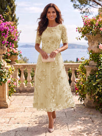Tea Length Round Neck Tulle Short Sleeves Mother of the Bride/Groom Dresses