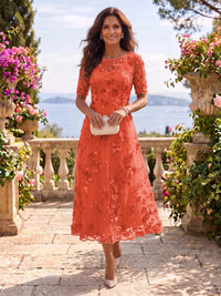 Tea Length Round Neck Tulle Short Sleeves Mother of the Bride/Groom Dresses