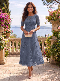 Tea Length Round Neck Tulle Short Sleeves Mother of the Bride/Groom Dresses