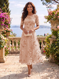 Tea Length Round Neck Tulle Short Sleeves Mother of the Bride/Groom Dresses