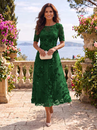 Tea Length Round Neck Tulle Short Sleeves Mother of the Bride/Groom Dresses