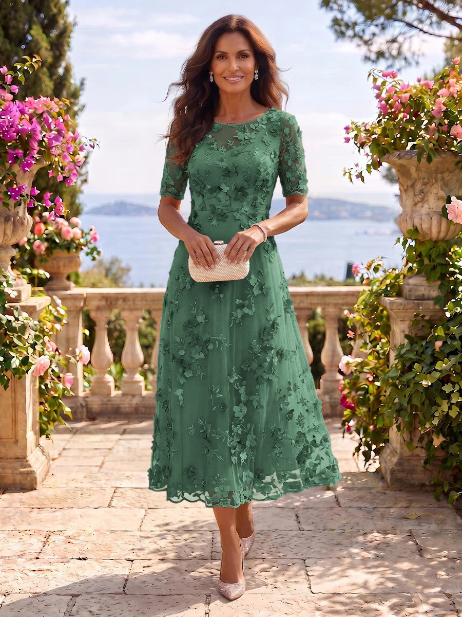 Tea Length Round Neck Tulle Short Sleeves Mother of the Bride/Groom Dresses