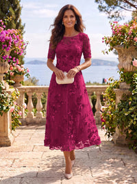 Tea Length Round Neck Tulle Short Sleeves Mother of the Bride/Groom Dresses