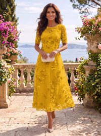Tea Length Round Neck Tulle Short Sleeves Mother of the Bride/Groom Dresses