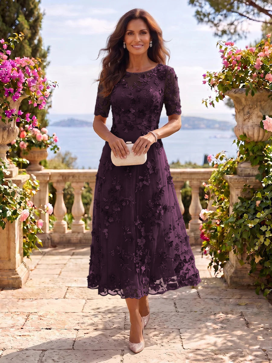 Tea Length Round Neck Tulle Short Sleeves Mother of the Bride/Groom Dresses