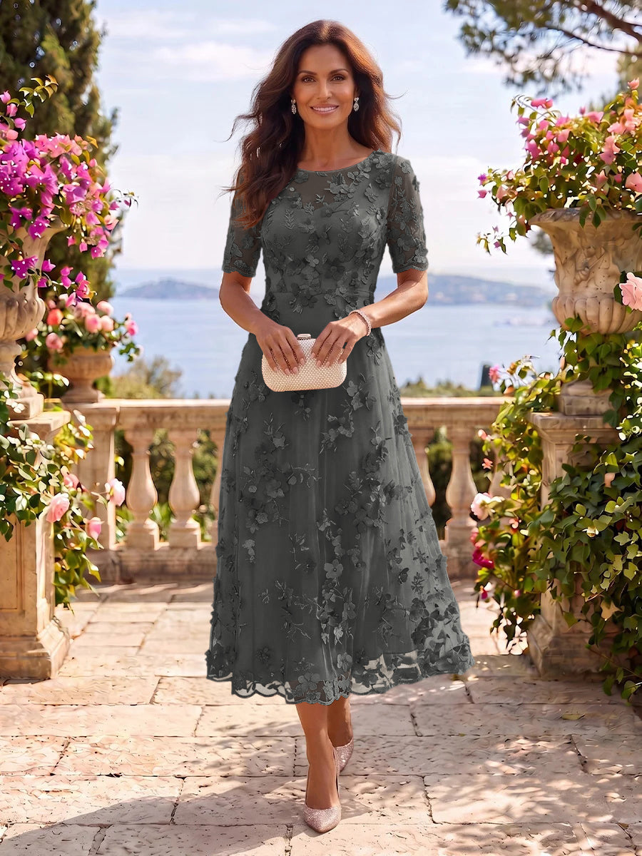 Tea Length Round Neck Tulle Short Sleeves Mother of the Bride/Groom Dresses