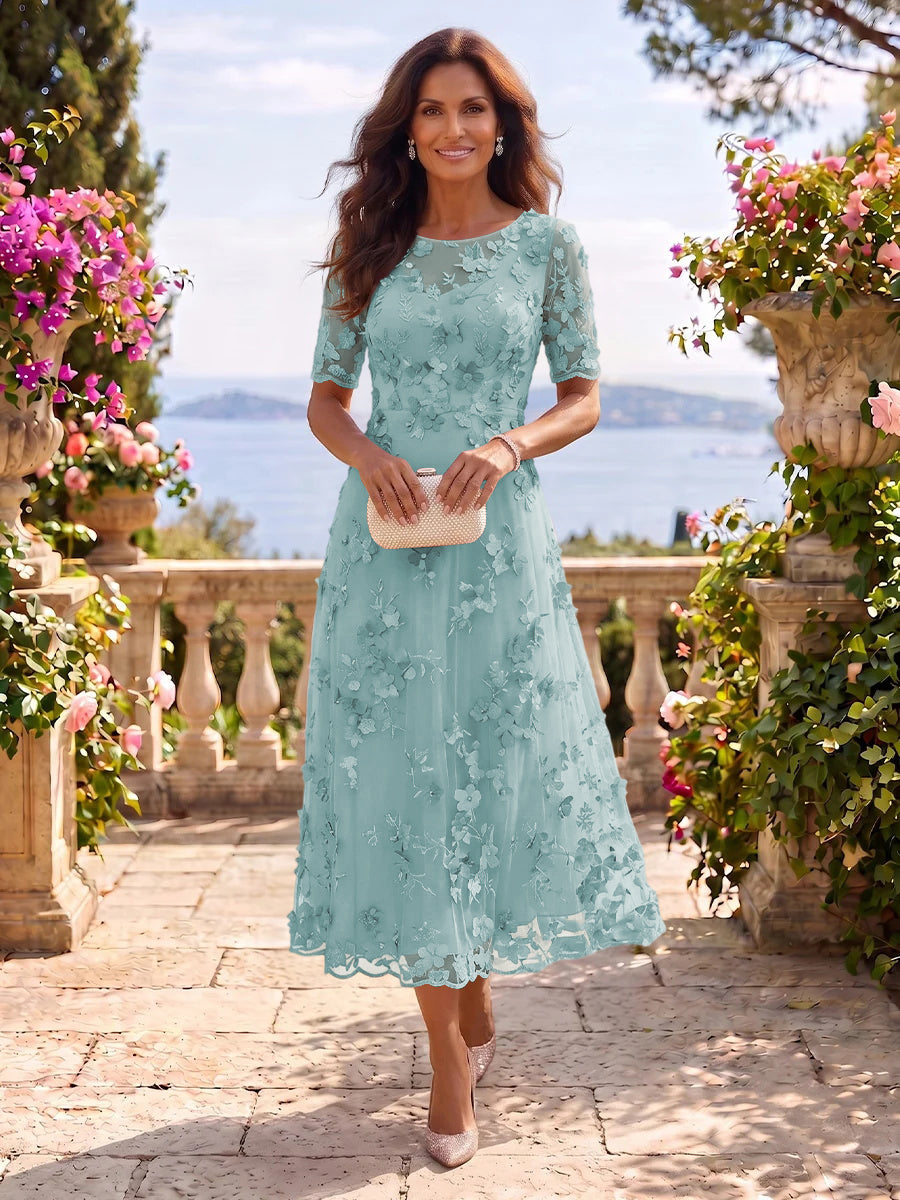 Tea Length Round Neck Tulle Short Sleeves Mother of the Bride/Groom Dresses