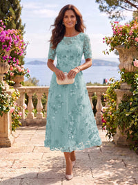 Tea Length Round Neck Tulle Short Sleeves Mother of the Bride/Groom Dresses