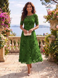 Tea Length Round Neck Tulle Short Sleeves Mother of the Bride/Groom Dresses