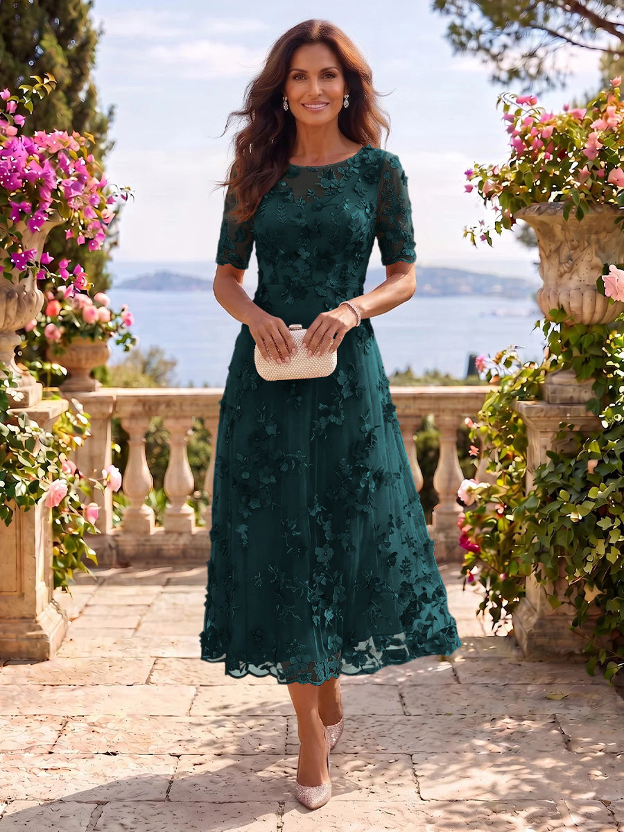 Tea Length Round Neck Tulle Short Sleeves Mother of the Bride/Groom Dresses