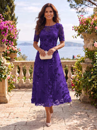 Tea Length Round Neck Tulle Short Sleeves Mother of the Bride/Groom Dresses