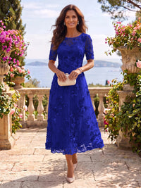 Tea Length Round Neck Tulle Short Sleeves Mother of the Bride/Groom Dresses