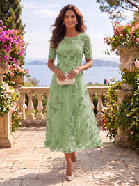 Tea Length Round Neck Tulle Short Sleeves Mother of the Bride/Groom Dresses
