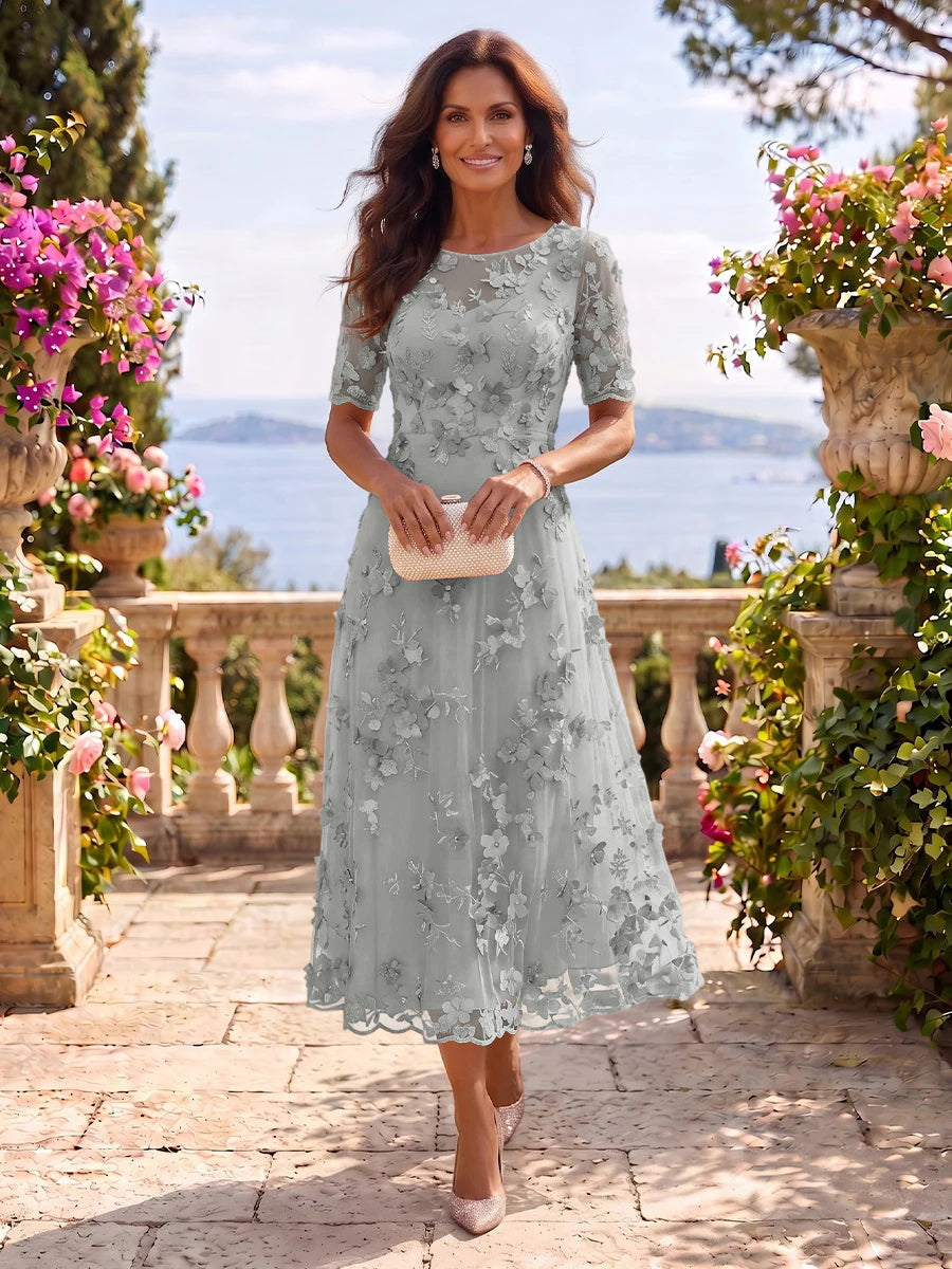 Tea Length Round Neck Tulle Short Sleeves Mother of the Bride/Groom Dresses