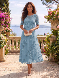 Tea Length Round Neck Tulle Short Sleeves Mother of the Bride/Groom Dresses