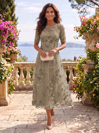 Tea Length Round Neck Tulle Short Sleeves Mother of the Bride/Groom Dresses