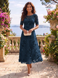 Tea Length Round Neck Tulle Short Sleeves Mother of the Bride/Groom Dresses