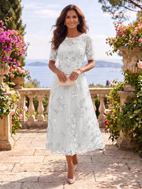 Tea Length Round Neck Tulle Short Sleeves Mother of the Bride/Groom Dresses