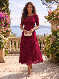 Tea Length Round Neck Tulle Short Sleeves Mother of the Bride/Groom Dresses