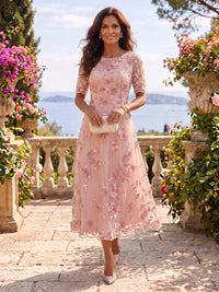 Tea Length Round Neck Tulle Short Sleeves Mother of the Bride/Groom Dresses