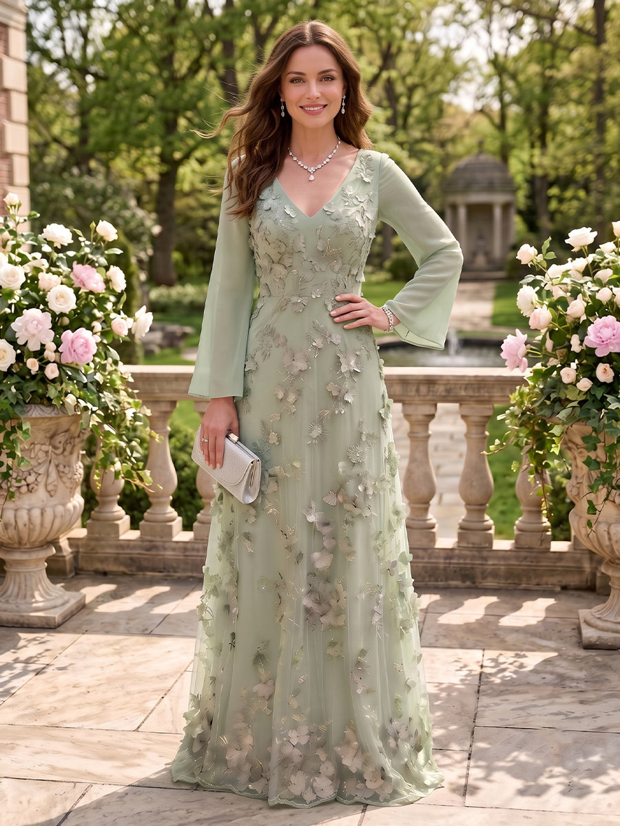 Long Sleeves V Neck A Line Floor Length Mother of the Bride/Groom Dresses