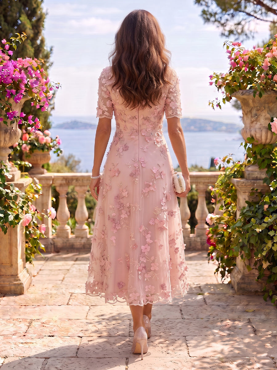 Tea Length Round Neck Tulle Short Sleeves Mother of the Bride/Groom Dresses