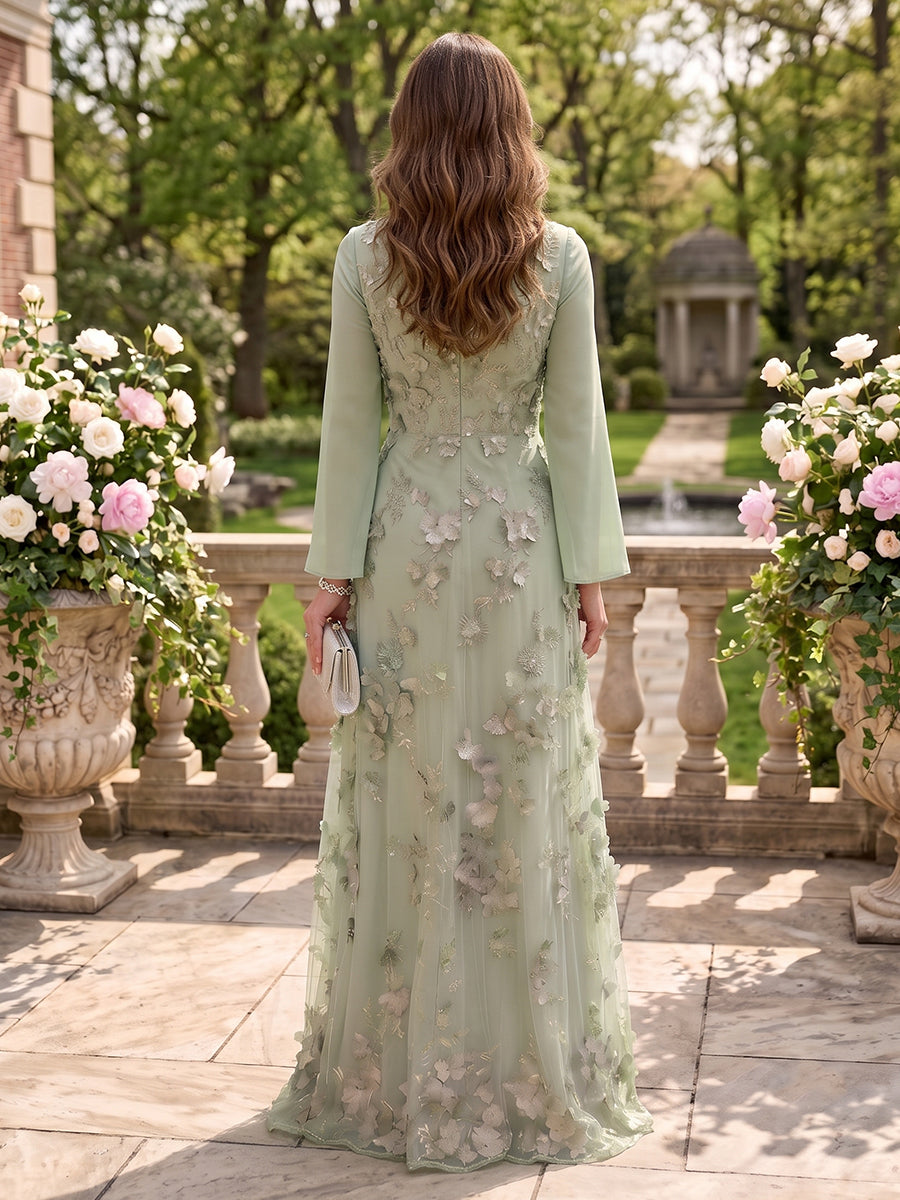 Long Sleeves V Neck A Line Floor Length Mother of the Bride/Groom Dresses
