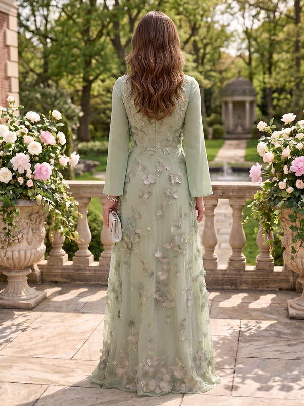 Long Sleeves V Neck A Line Floor Length Mother of the Bride/Groom Dresses