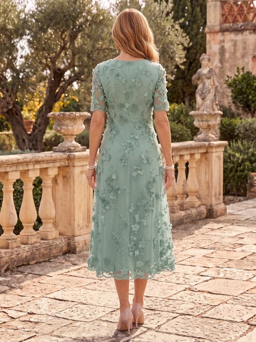 Tea Length Round Neck Mother of the Bride/Groom Dresses Tulle Short Sleeves with 3D Flower