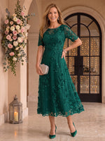 Tea Length Round Neck Mother of the Bride/Groom Dresses Short Sleeves Tulle with 3D Flower