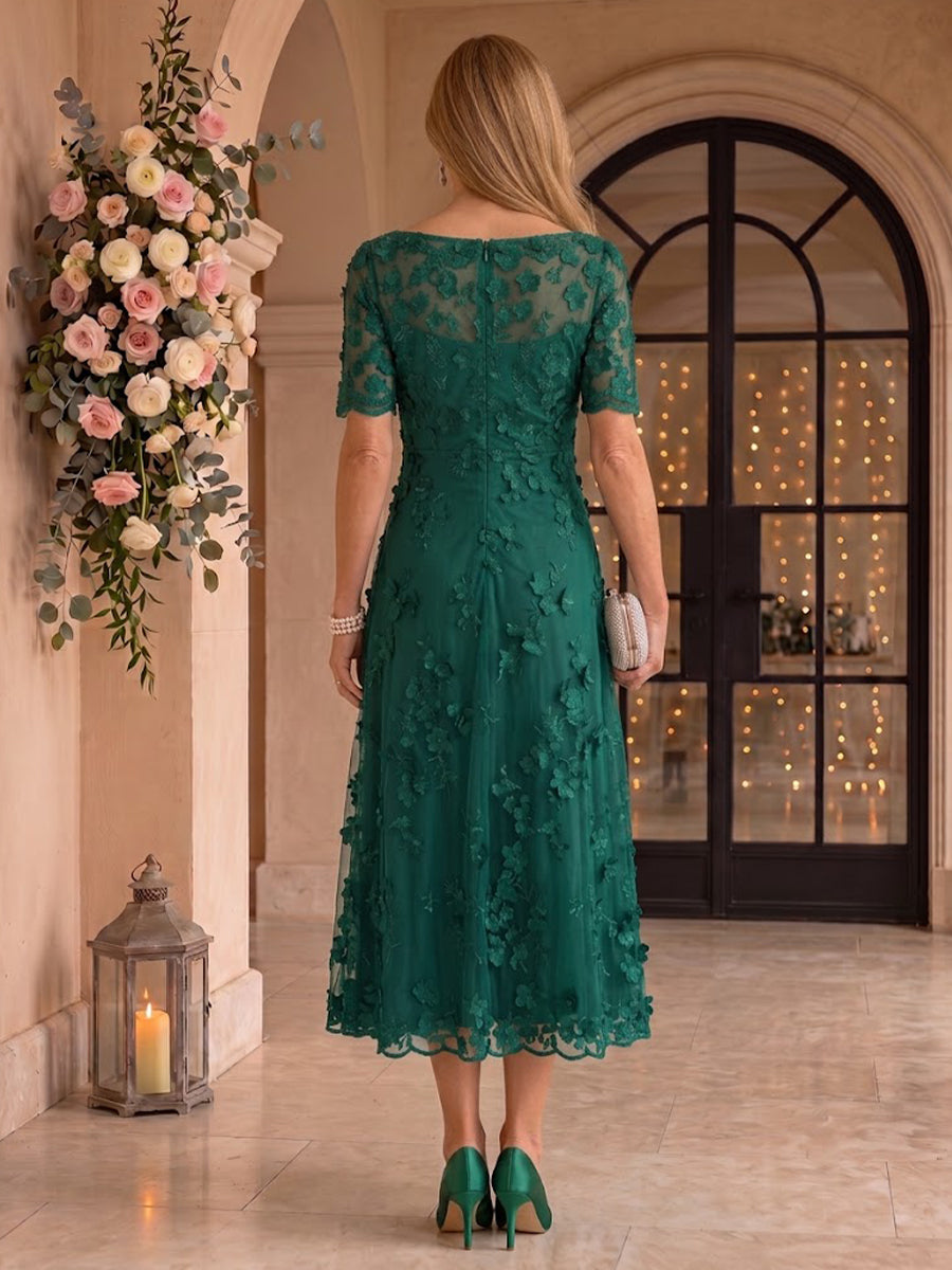 Tea Length Round Neck Mother of the Bride/Groom Dresses Short Sleeves Tulle with 3D Flower
