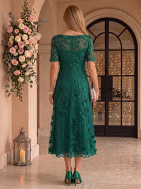 Tea Length Round Neck Mother of the Bride/Groom Dresses Short Sleeves Tulle with 3D Flower