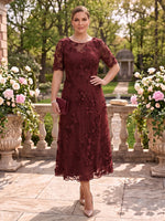 Plus Size Tea Length Round Neck Mother of the Bride/Groom Dresses Short Sleeves Tulle with 3D Flower