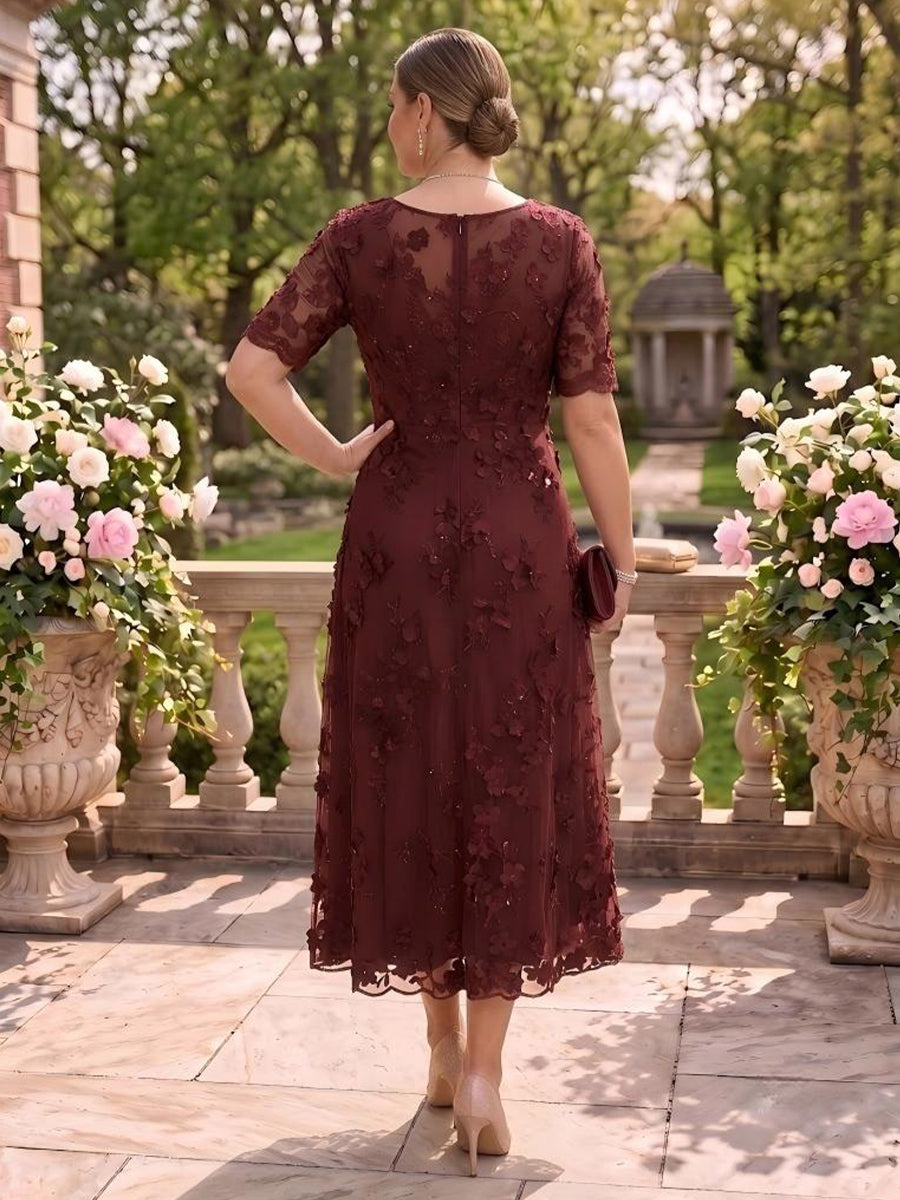 Plus Size Tea Length Round Neck Mother of the Bride/Groom Dresses Short Sleeves Tulle with 3D Flower