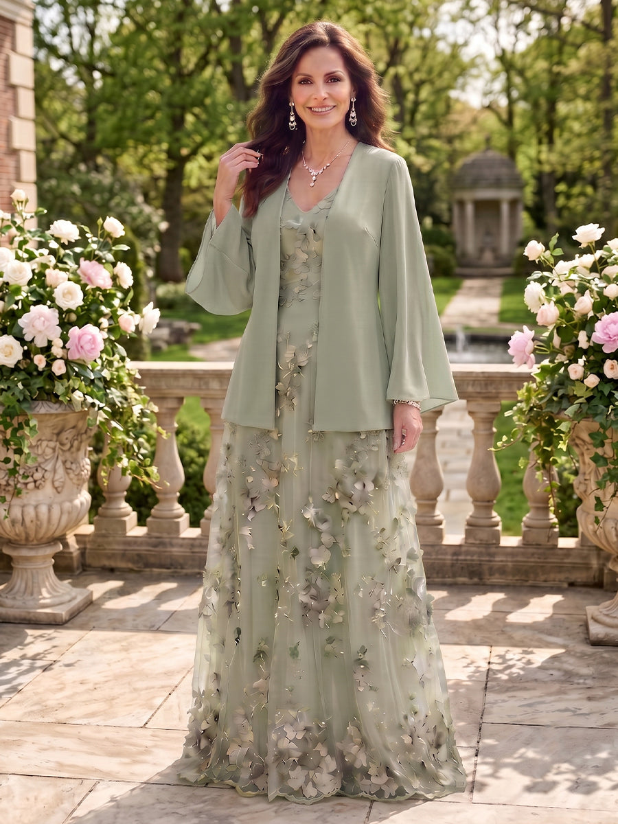 2 Pieces Long Sleeves V Neck A Line Mother of the Bride/Groom Dresses with Jacket
