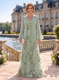 2 Pieces Long Sleeves V Neck A Line Mother of the Bride/Groom Dresses with Jacket