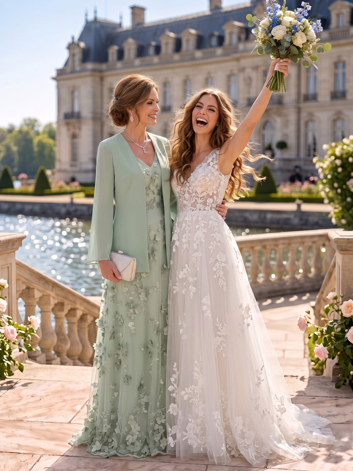 2 Pieces Long Sleeves V Neck A Line Mother of the Bride/Groom Dresses with Jacket