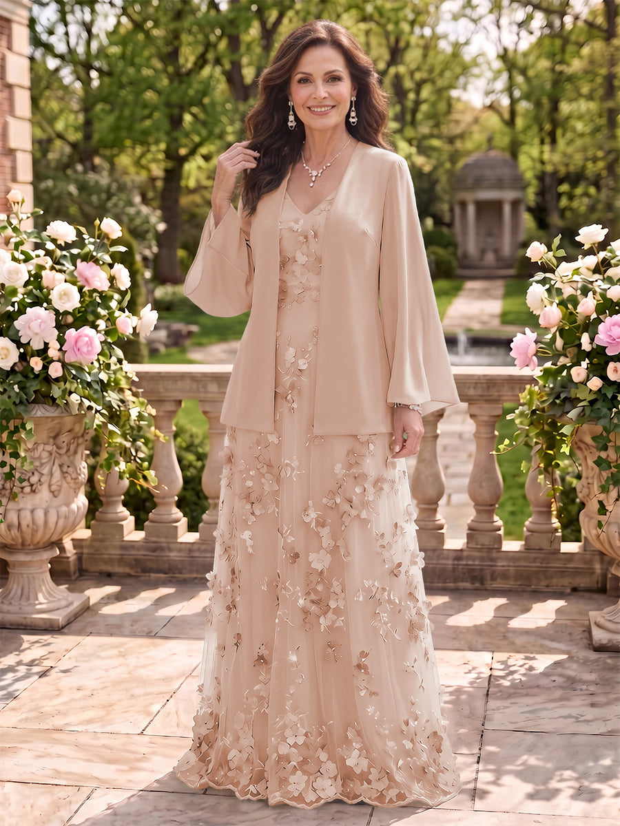 2 Pieces Long Sleeves V Neck A Line Mother of the Bride/Groom Dresses with Jacket