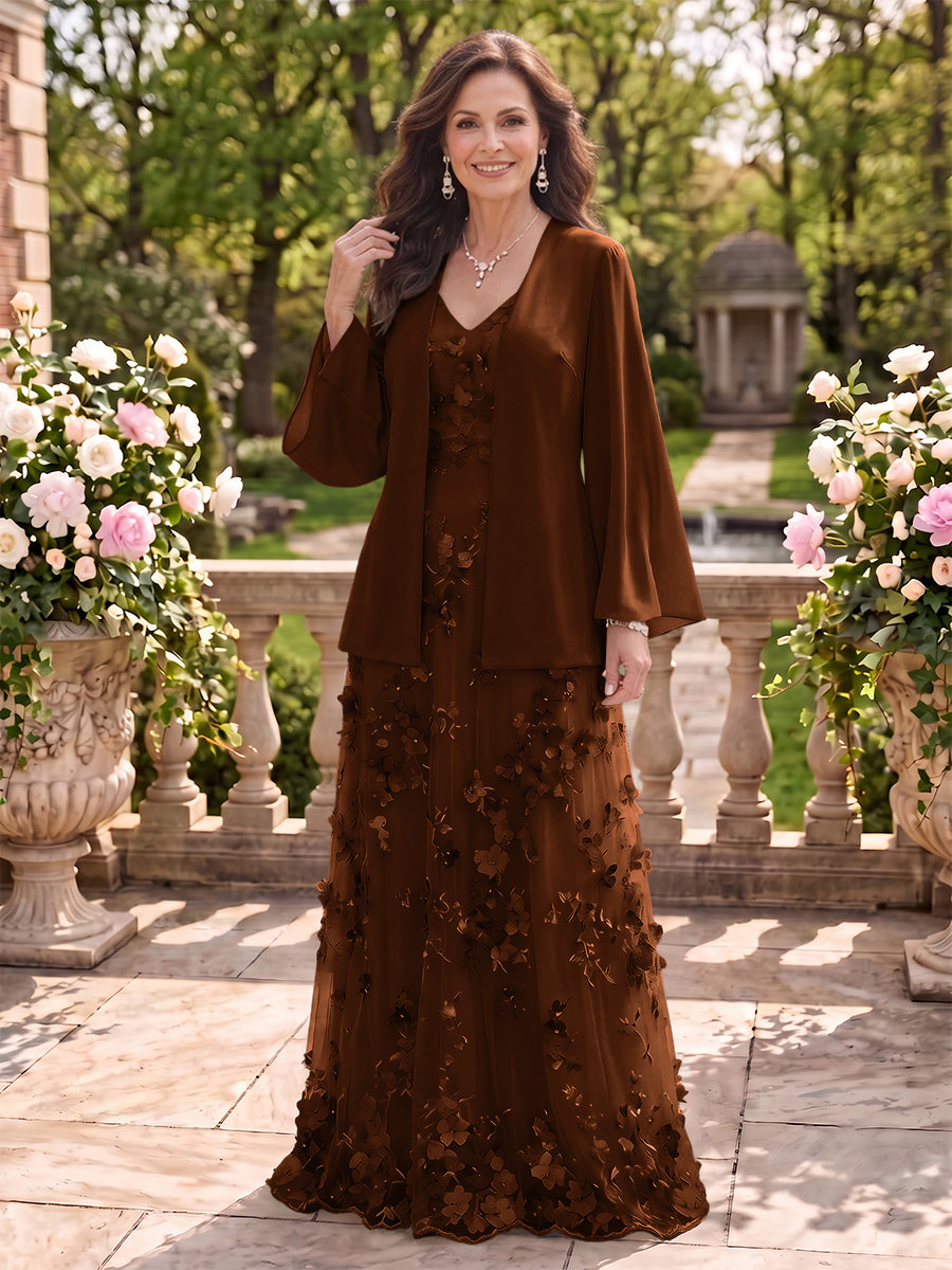 2 Pieces Long Sleeves V Neck A Line Mother of the Bride/Groom Dresses with Jacket