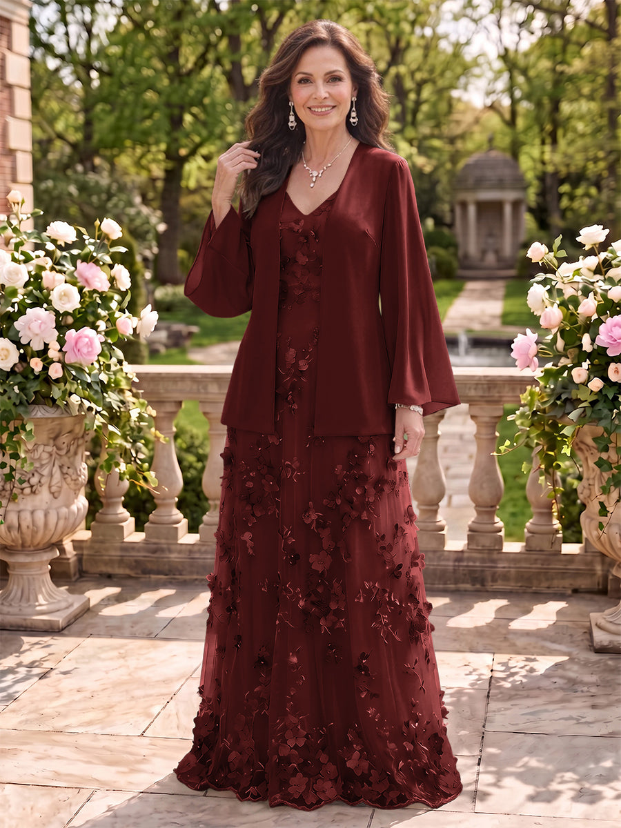 2 Pieces Long Sleeves V Neck A Line Mother of the Bride/Groom Dresses with Jacket