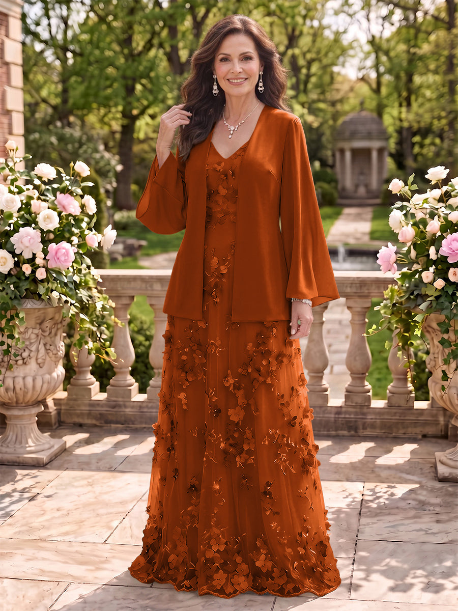 2 Pieces Long Sleeves V Neck A Line Mother of the Bride/Groom Dresses with Jacket