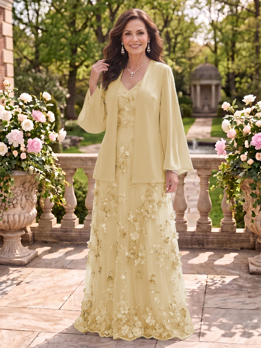 2 Pieces Long Sleeves V Neck A Line Mother of the Bride/Groom Dresses with Jacket